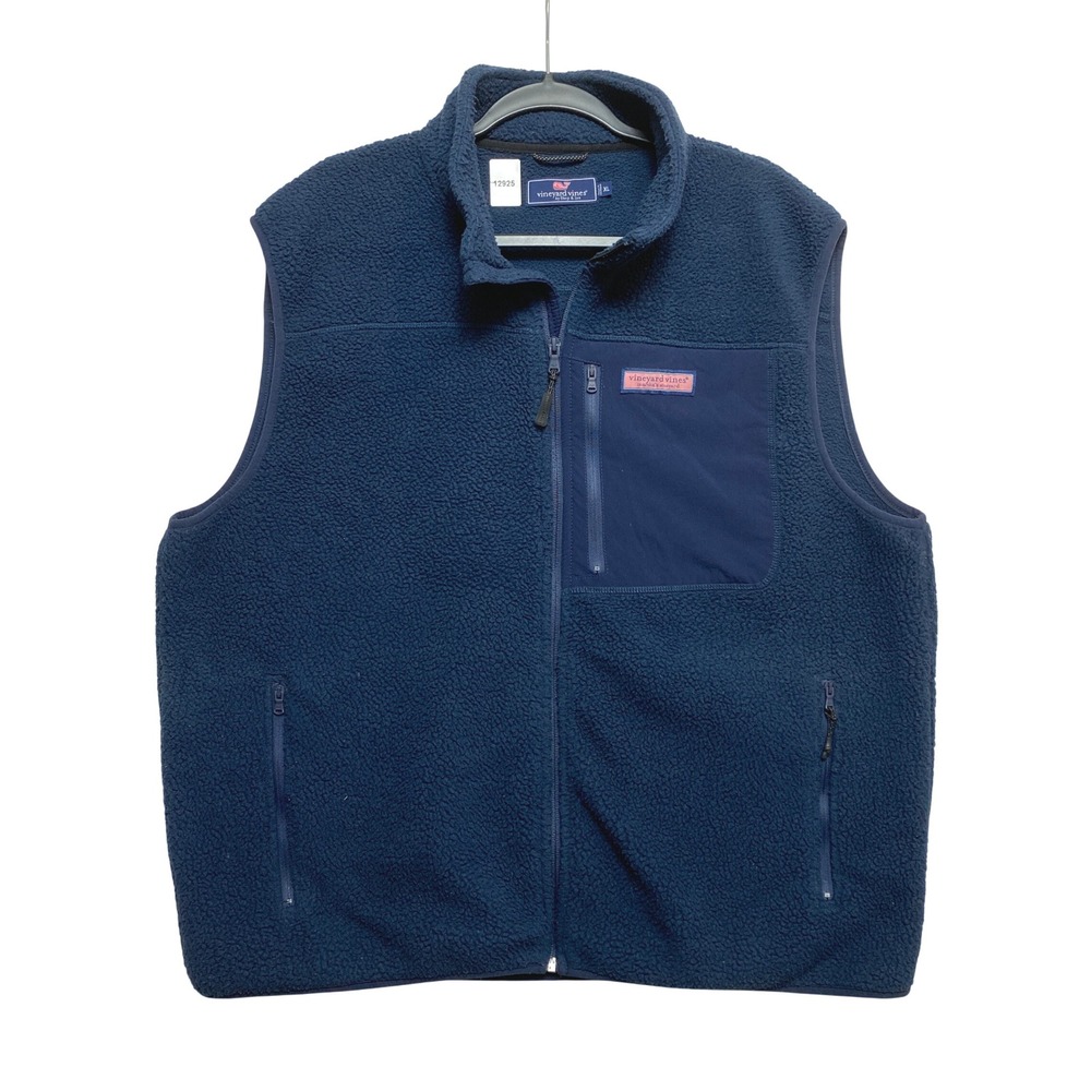 Vineyard Vines Vest Mens XL Navy Sherpa Fleece Full Zip Contrast Pocket